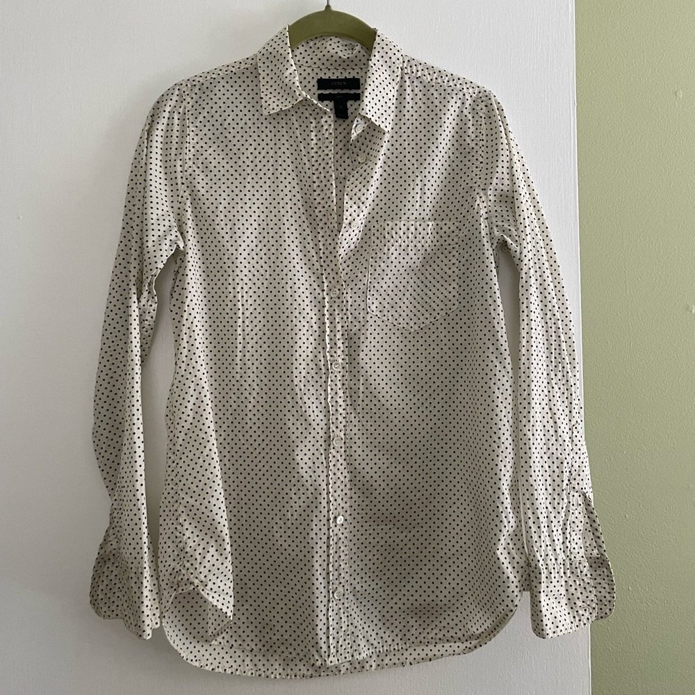 J Crew Button Up Boy Shirt Size 0 Ivory with Black Polka Dots